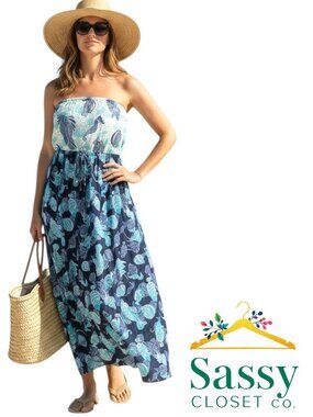 Talbots Blue White Fish Print Strapless Maxi Swim Coverup Dress 1X Plus Cotton